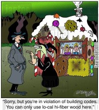 An inspector saying to a witch in front of a gingerbread house, 'Sorry, but you're in violation of building codes. You can only use lo-cal hi-fiber wood here.